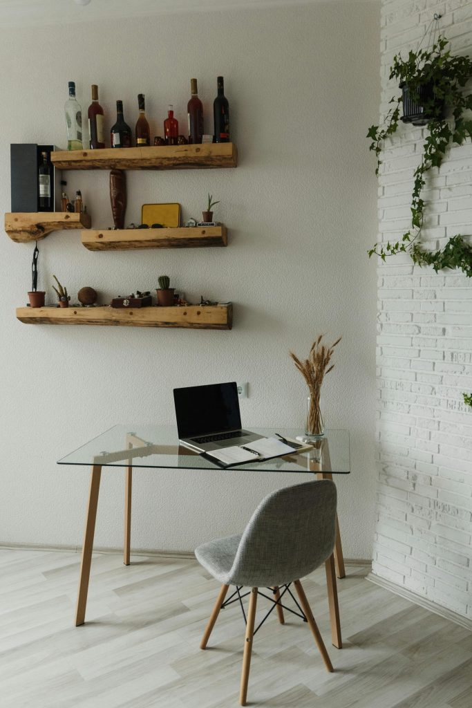 Alcohol Bottles on Floating Wooden Shelves